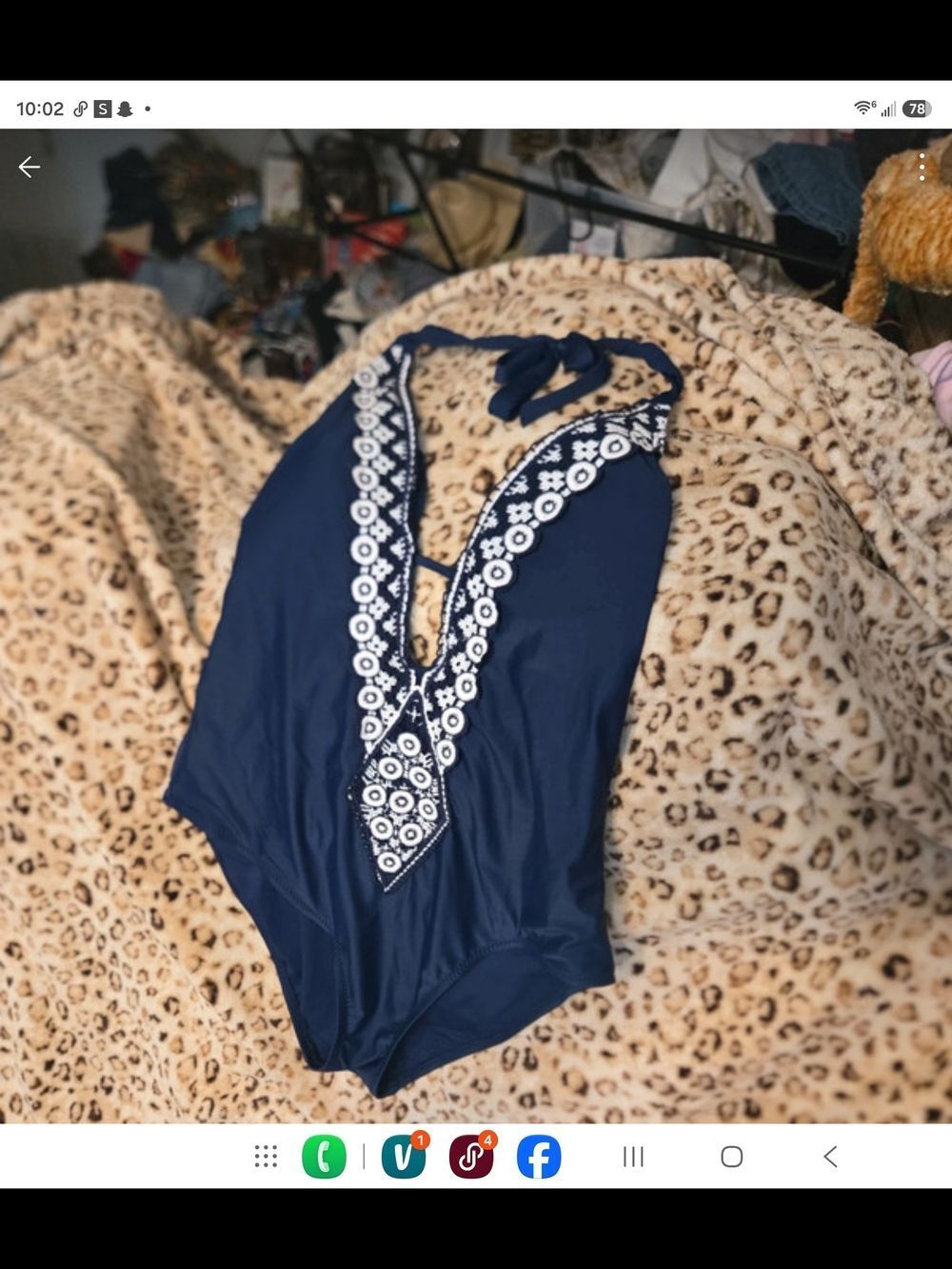 Kona Sol Navy Blue One-Piece Bodysuit with White Embroidered Placket